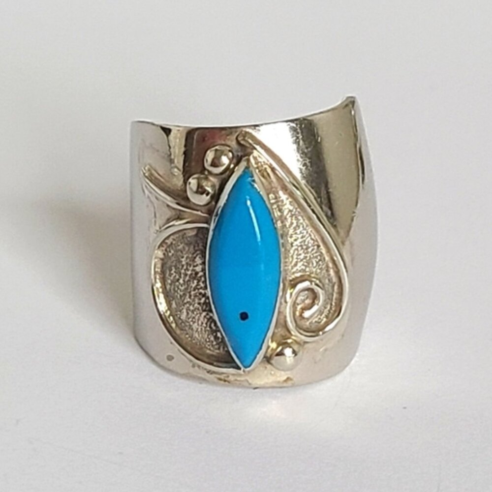 Vintage Boho Native Alpaca Silver Blue Turquoise Chunky Wide Statement Ring
